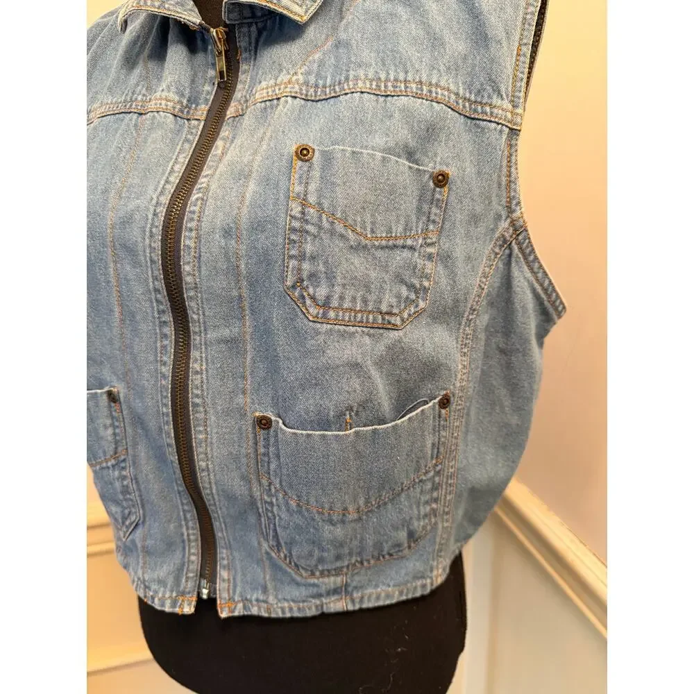 Vintage 90s Joyride Medium Wash Denim Zip-Up Utility Vest Grungr Work Wear Cargo